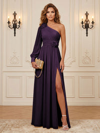 Chiffon A-Line/Princess One Shoulder Floor-Length Formal Dresses with 3D Flowers & Slit