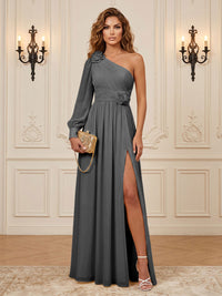 Chiffon A-Line/Princess One Shoulder Floor-Length Formal Dresses with 3D Flowers & Slit