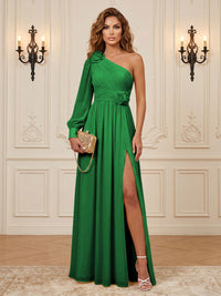 Chiffon A-Line/Princess One Shoulder Floor-Length Formal Dresses with 3D Flowers & Slit