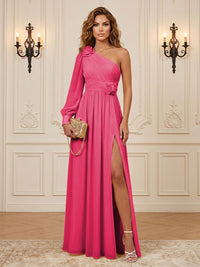 Chiffon A-Line/Princess One Shoulder Floor-Length Formal Dresses with 3D Flowers & Slit