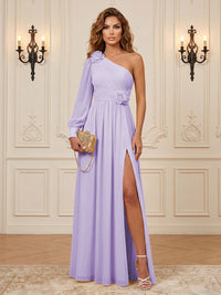 Chiffon A-Line/Princess One Shoulder Floor-Length Formal Dresses with 3D Flowers & Slit