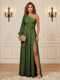 Chiffon A-Line/Princess One Shoulder Floor-Length Formal Dresses with 3D Flowers & Slit