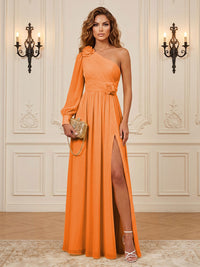 Chiffon A-Line/Princess One Shoulder Floor-Length Formal Dresses with 3D Flowers & Slit