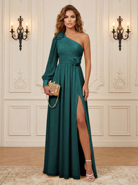 Chiffon A-Line/Princess One Shoulder Floor-Length Formal Dresses with 3D Flowers & Slit