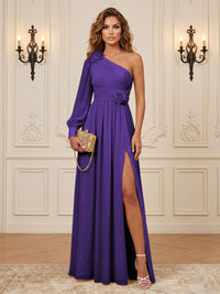 Chiffon A-Line/Princess One Shoulder Floor-Length Formal Dresses with 3D Flowers & Slit