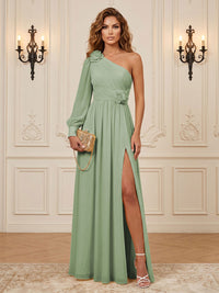 Chiffon A-Line/Princess One Shoulder Floor-Length Formal Dresses with 3D Flowers & Slit