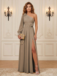 Chiffon A-Line/Princess One Shoulder Floor-Length Formal Dresses with 3D Flowers & Slit