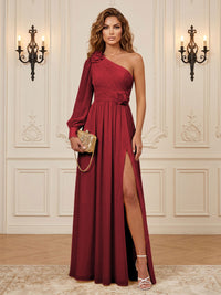Chiffon A-Line/Princess One Shoulder Floor-Length Formal Dresses with 3D Flowers & Slit