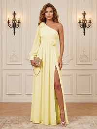 Chiffon A-Line/Princess One Shoulder Floor-Length Formal Dresses with 3D Flowers & Slit