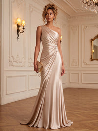 Satin Sheath/Column One Shoulder Floor-Length Formal Dresses with Ruched Waist