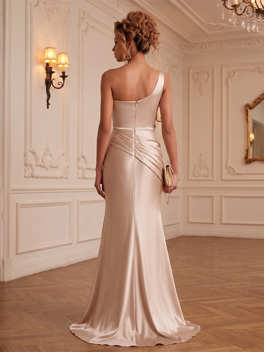 Satin Sheath/Column One Shoulder Floor-Length Formal Dresses with Ruched Waist
