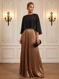 Metallic Satin A-Line/Princess Scoop Neck Floor-Length Formal Dresses with Cape & Pleats