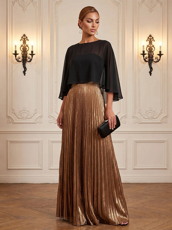 Metallic Satin A-Line/Princess Scoop Neck Floor-Length Formal Dresses with Cape & Pleats