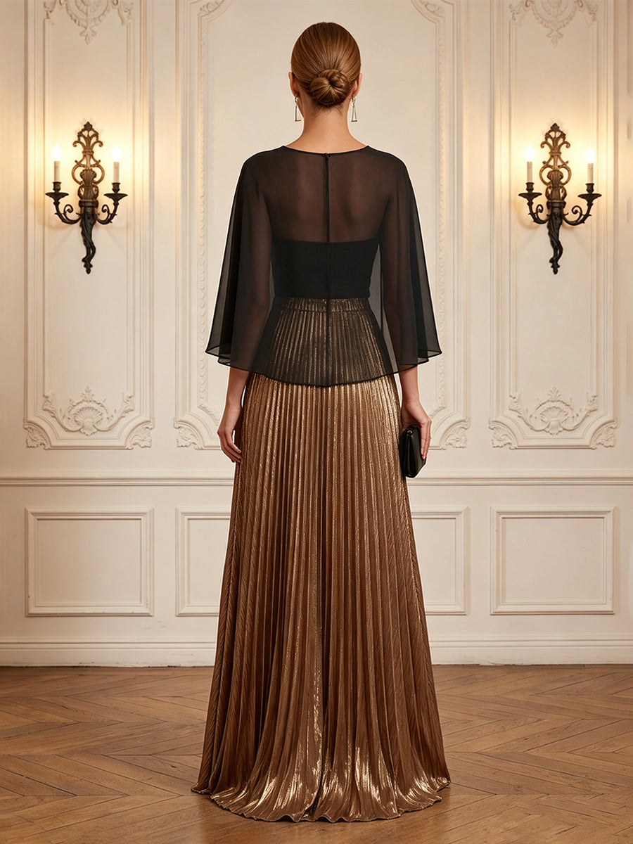 Metallic Satin A-Line/Princess Scoop Neck Floor-Length Formal Dresses with Cape & Pleats