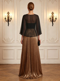Metallic Satin A-Line/Princess Scoop Neck Floor-Length Formal Dresses with Cape & Pleats