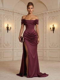 Satin Sheath/Column Off Shoulder Floor-Length Formal Dresses with Corset, Ruched Waist & Slit