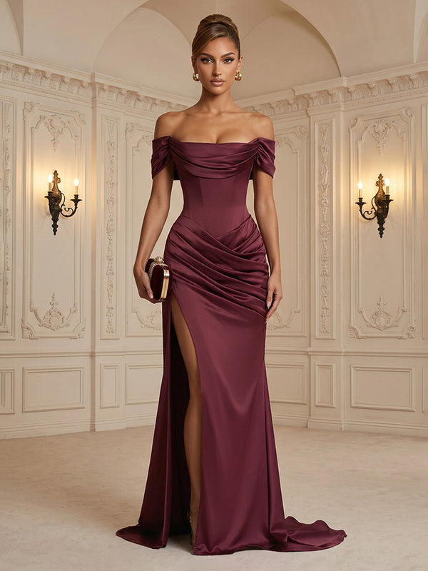 Satin Sheath/Column Off Shoulder Floor-Length Formal Dresses with Corset, Ruched Waist & Slit