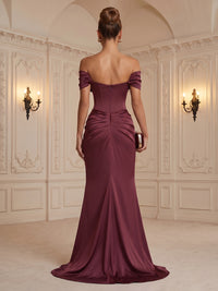 Satin Sheath/Column Off Shoulder Floor-Length Formal Dresses with Corset, Ruched Waist & Slit