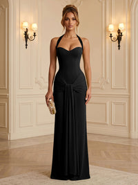 Chiffon Sheath/Column Halter Floor-Length Formal Dresses with Ruched Waist