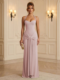 Chiffon Sheath/Column Halter Floor-Length Formal Dresses with Ruched Waist