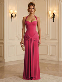 Chiffon Sheath/Column Halter Floor-Length Formal Dresses with Ruched Waist