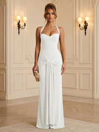 Chiffon Sheath/Column Halter Floor-Length Formal Dresses with Ruched Waist