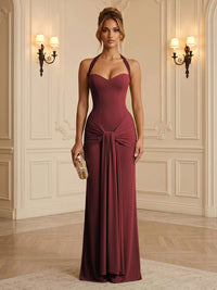 Chiffon Sheath/Column Halter Floor-Length Formal Dresses with Ruched Waist