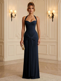 Chiffon Sheath/Column Halter Floor-Length Formal Dresses with Ruched Waist