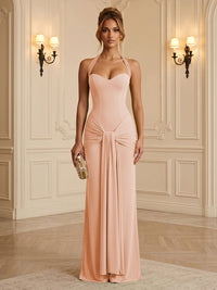Chiffon Sheath/Column Halter Floor-Length Formal Dresses with Ruched Waist