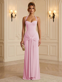 Chiffon Sheath/Column Halter Floor-Length Formal Dresses with Ruched Waist