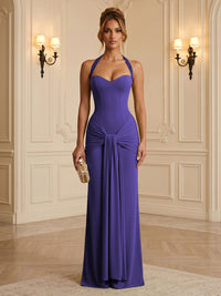 Chiffon Sheath/Column Halter Floor-Length Formal Dresses with Ruched Waist