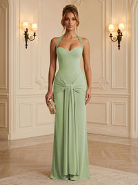 Chiffon Sheath/Column Halter Floor-Length Formal Dresses with Ruched Waist