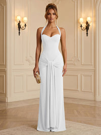 Chiffon Sheath/Column Halter Floor-Length Formal Dresses with Ruched Waist