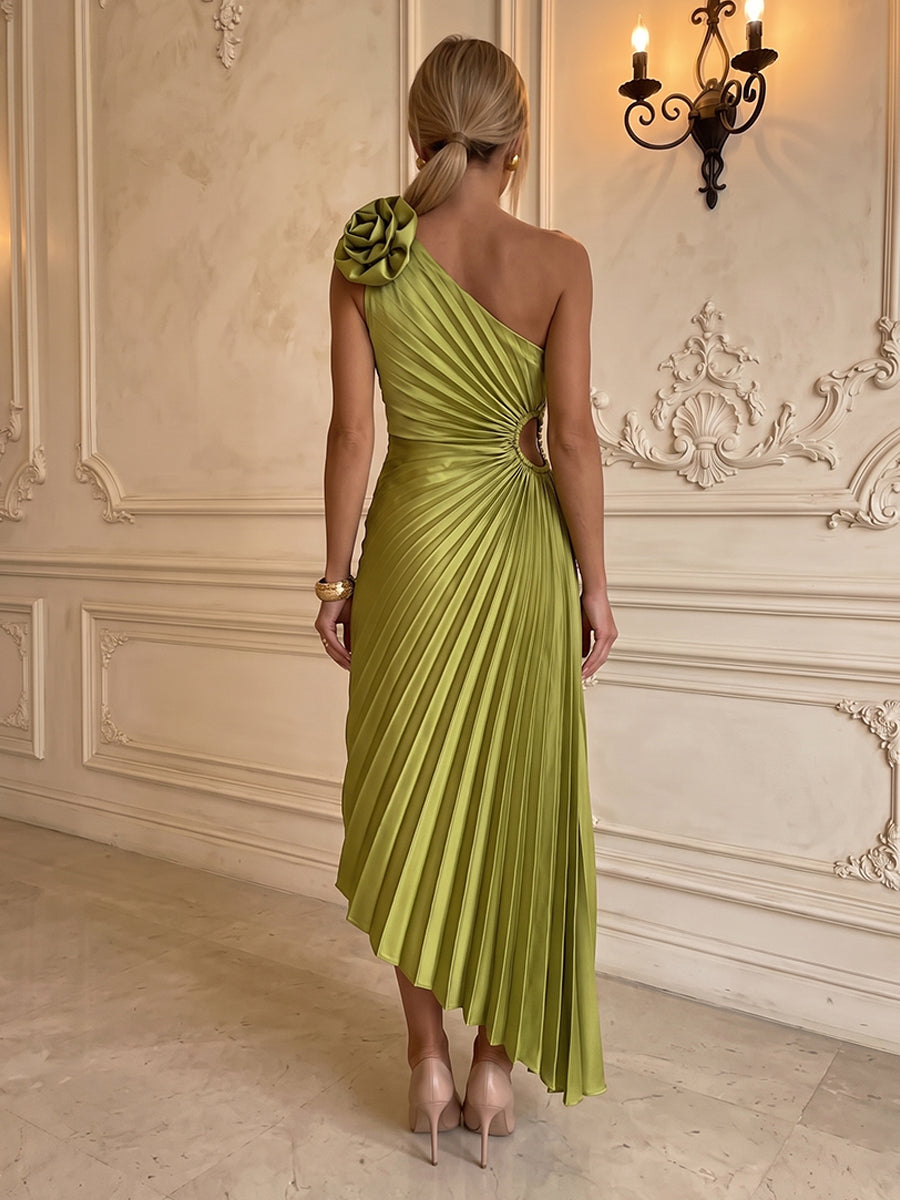 Satin A-Line/Princess One Shoulder Tea-Length Formal Dresses with Pleats