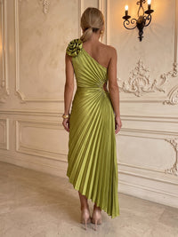 Satin A-Line/Princess One Shoulder Tea-Length Formal Dresses with Pleats