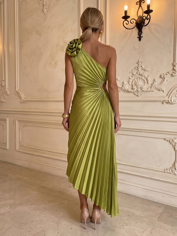 Satin A-Line/Princess One Shoulder Tea-Length Formal Dresses with Pleats