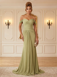 Chiffon Sheath/Column Off Shoulder Floor-Length Formal Dresses with Ruched Bodice