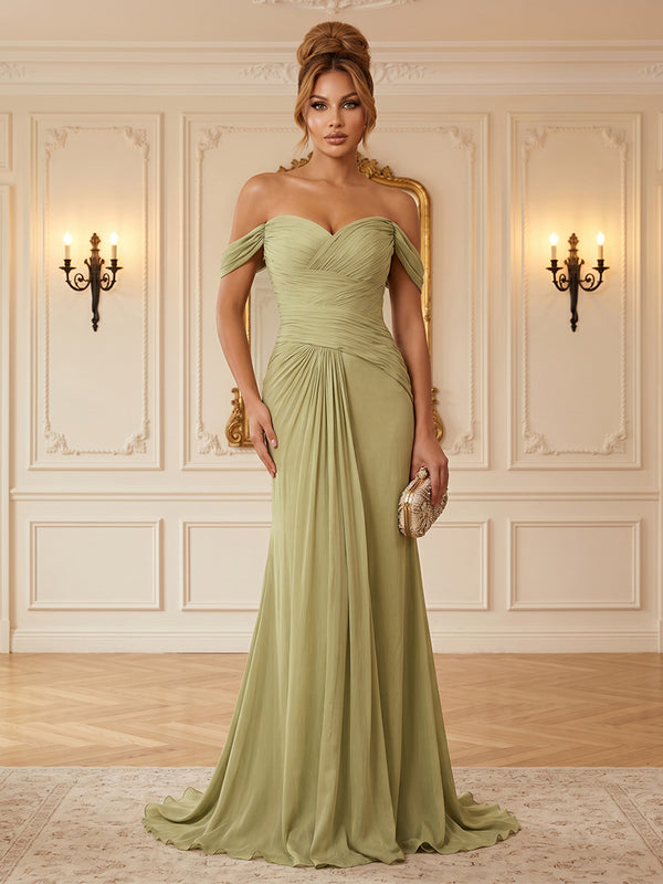 Chiffon Sheath/Column Off Shoulder Floor-Length Formal Dresses with Ruched Bodice