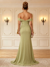 Chiffon Sheath/Column Off Shoulder Floor-Length Formal Dresses with Ruched Bodice