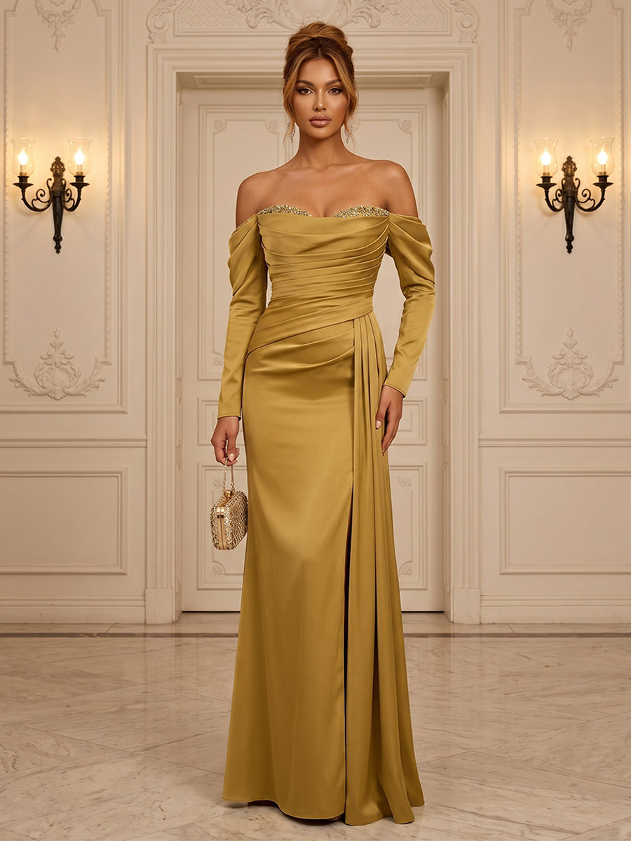 Satin Sheath/Column Off Shoulder Floor-Length Formal Dresses with Ruched Bodice