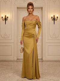Satin Sheath/Column Off Shoulder Floor-Length Formal Dresses with Ruched Bodice