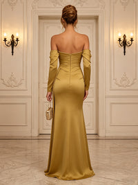 Satin Sheath/Column Off Shoulder Floor-Length Formal Dresses with Ruched Bodice