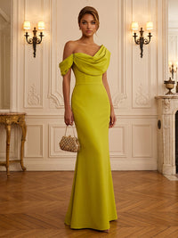 Satin Sheath/Column Off Shoulder Floor-Length Formal Dresses with Ruched Bodice