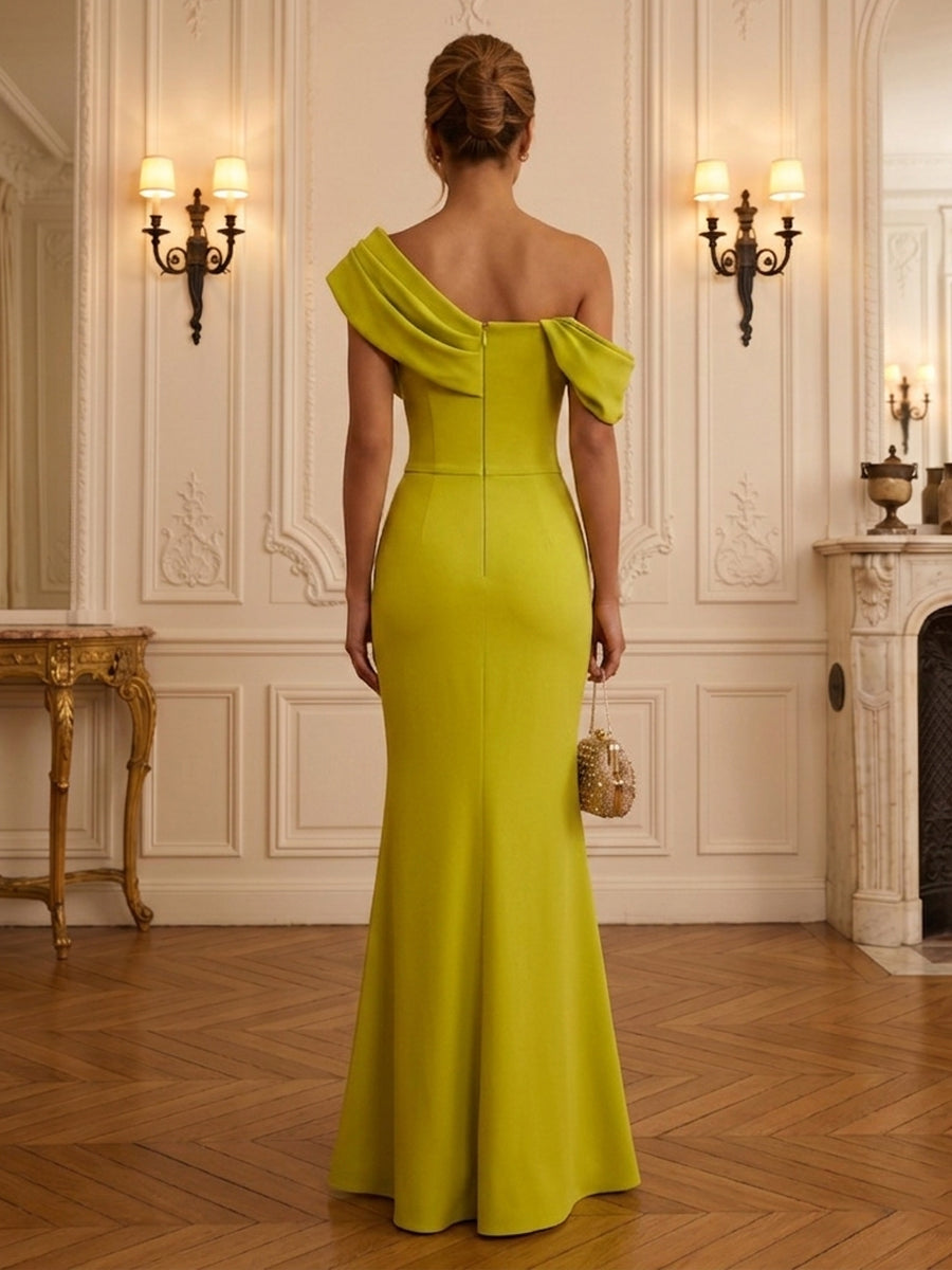 Satin Sheath/Column Off Shoulder Floor-Length Formal Dresses with Ruched Bodice