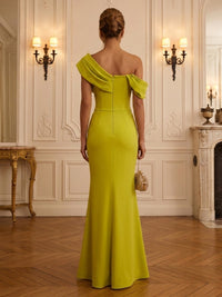 Satin Sheath/Column Off Shoulder Floor-Length Formal Dresses with Ruched Bodice