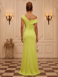 Satin Sheath/Column Off Shoulder Floor-Length Formal Dresses with Ruffles & Slit