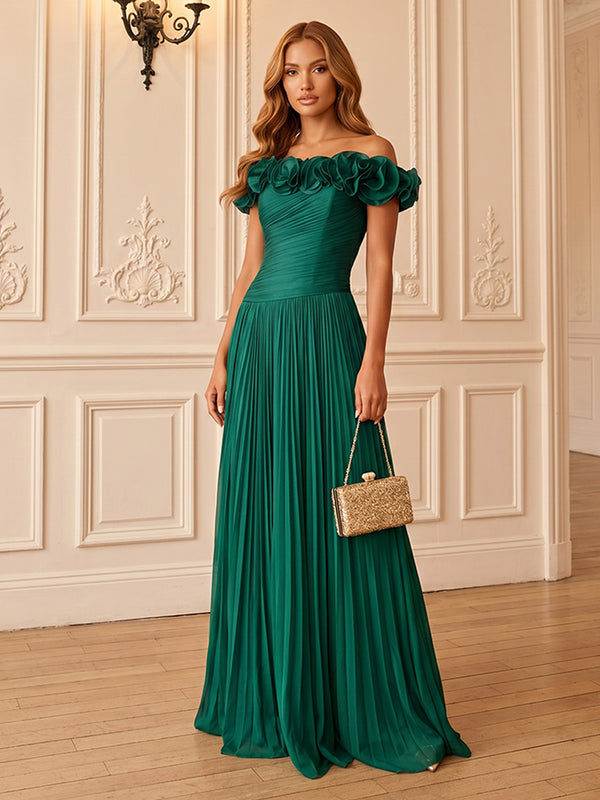 Chiffon A-Line/Princess Off Shoulder Floor-Length Formal Dresses with Ruffles & Pleats