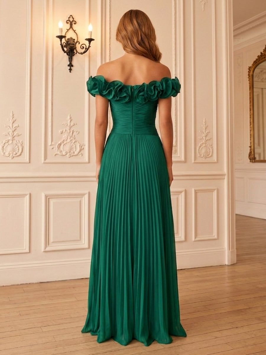 Chiffon A-Line/Princess Off Shoulder Floor-Length Formal Dresses with Ruffles & Pleats