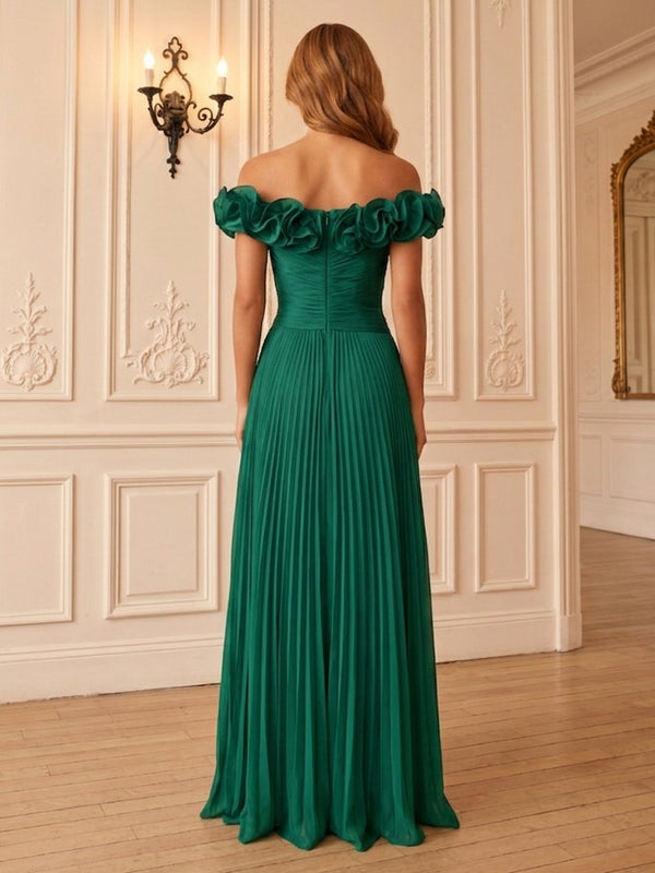 Chiffon A-Line/Princess Off Shoulder Floor-Length Formal Dresses with Ruffles & Pleats