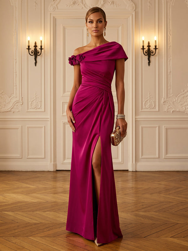 Satin Sheath/Column Off Shoulder Floor-Length Formal Dresses with Ruched Waist & Slit